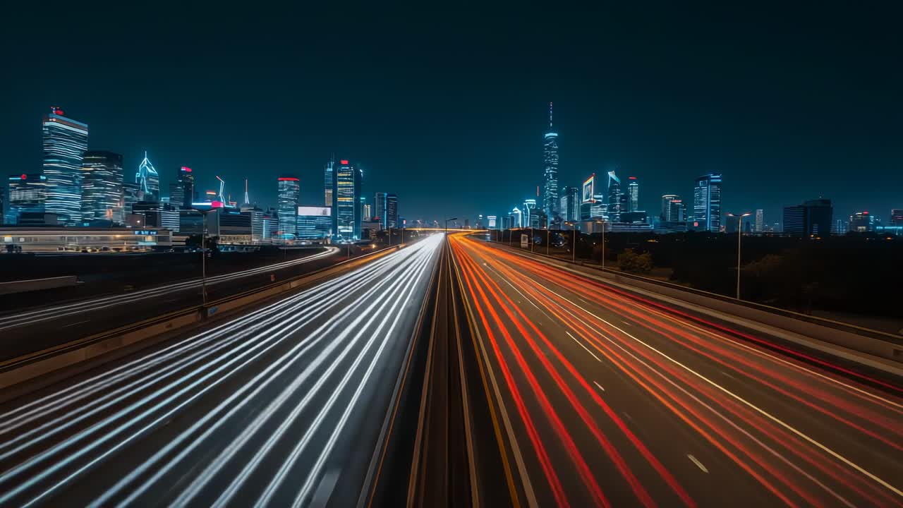 Camera capturing light trails toward city skyline on highway, triggered by vehicles entering frame