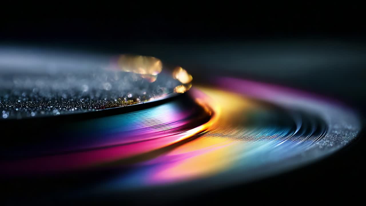 Close-up of a Colorful Vinyl Record, Showcasing the Vibrant Reflections and Textures of Light on Its Surface, Capturing the Essence of Music and Sound in a Stunning Visual