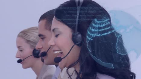 Animation-of-globe-with-network-of-connections-over-business-people-using-phone-headsets