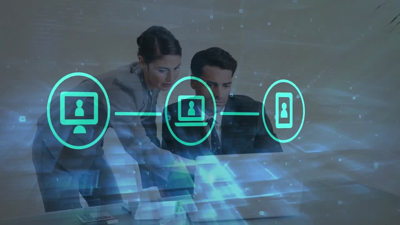 animación de iconos de los medios sobre hombres de negocios caucásicos en el cargo.