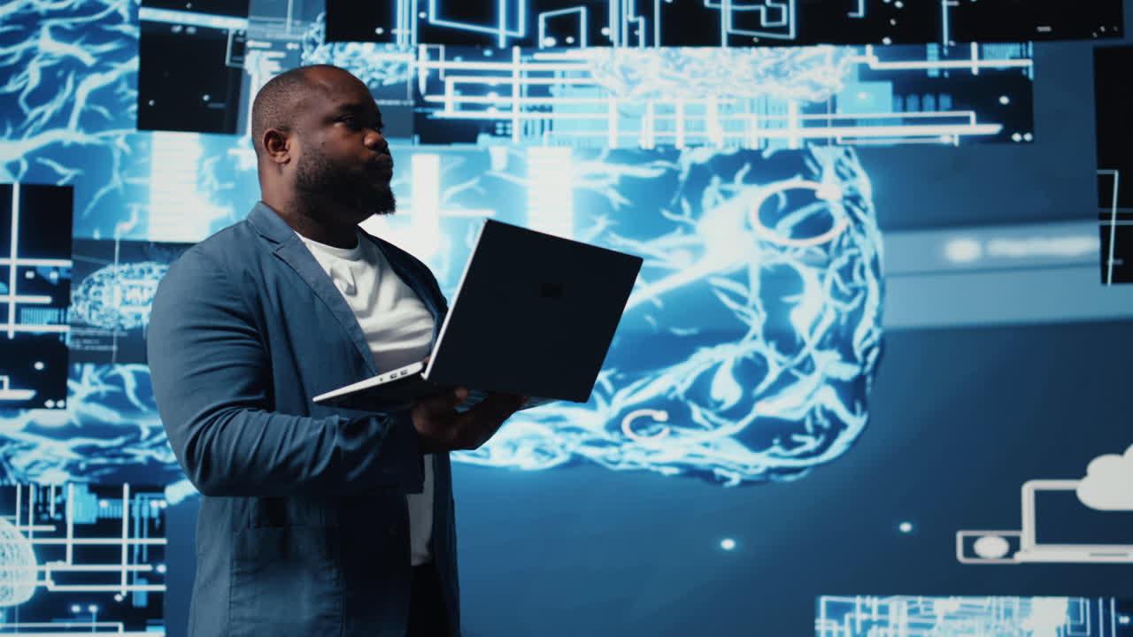 Modern african american specialist works in AI data visualization