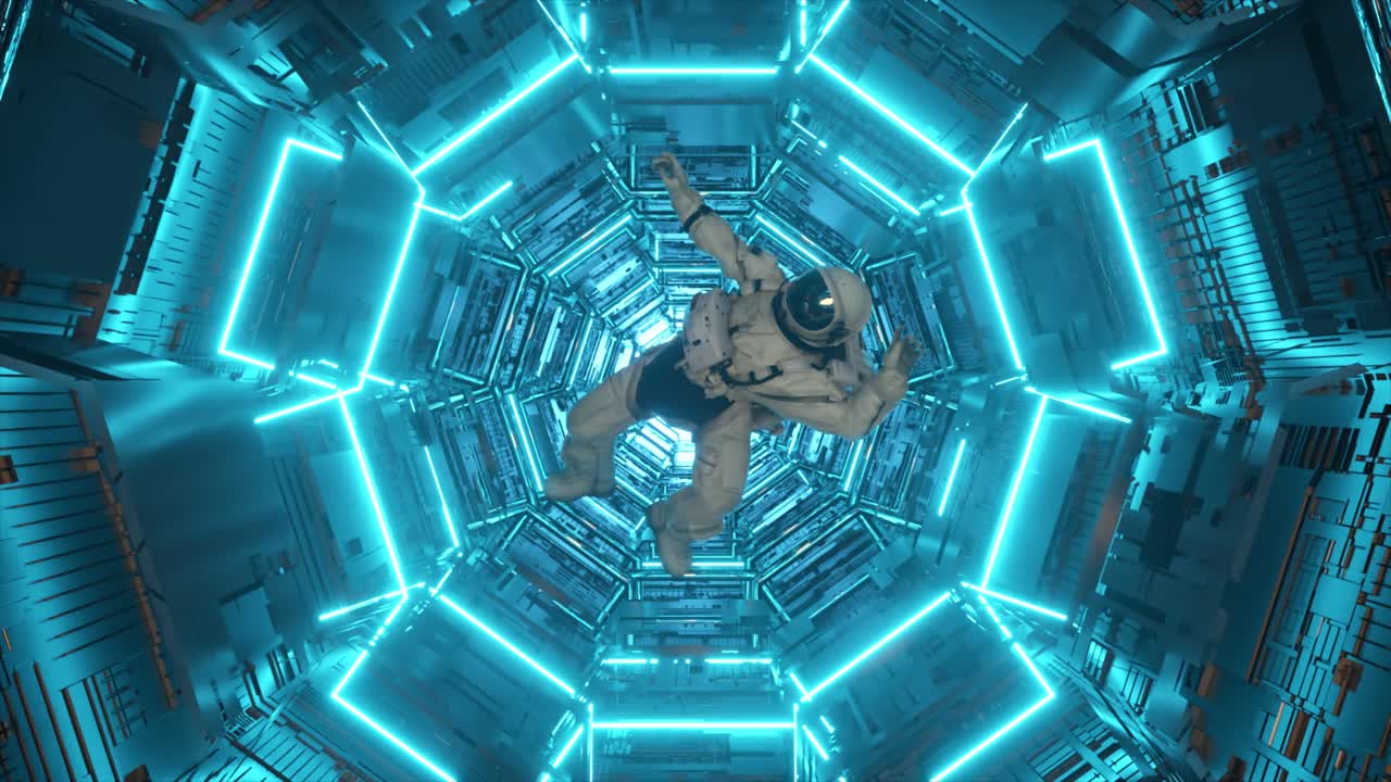 Astronaut in a Futuristic Neon Space Tunnel
