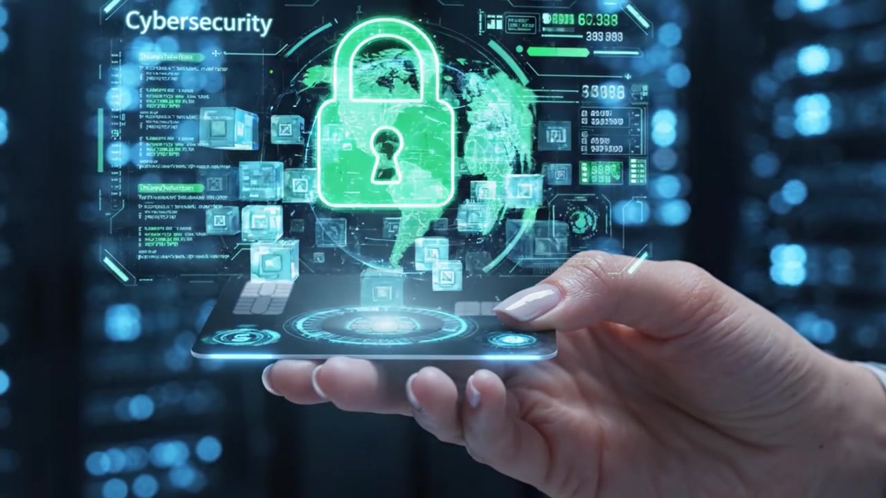 Exploring the Intersection of Digital Security and Personal Finance: A Hand Holding a Modern Credit Card with Cybersecurity Visuals Projected Above