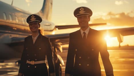 pilots in front of an airplane at sunset