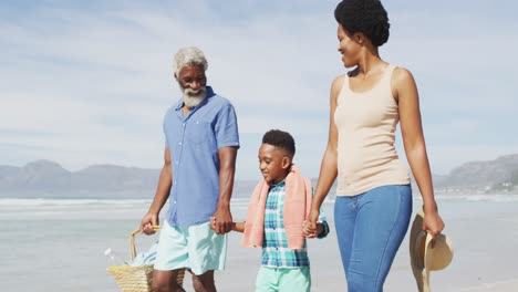Glückliches-Afroamerikanisches-Paar,-Das-Mit-Seinem-Sohn-Am-Sonnigen-Strand-Spaziert