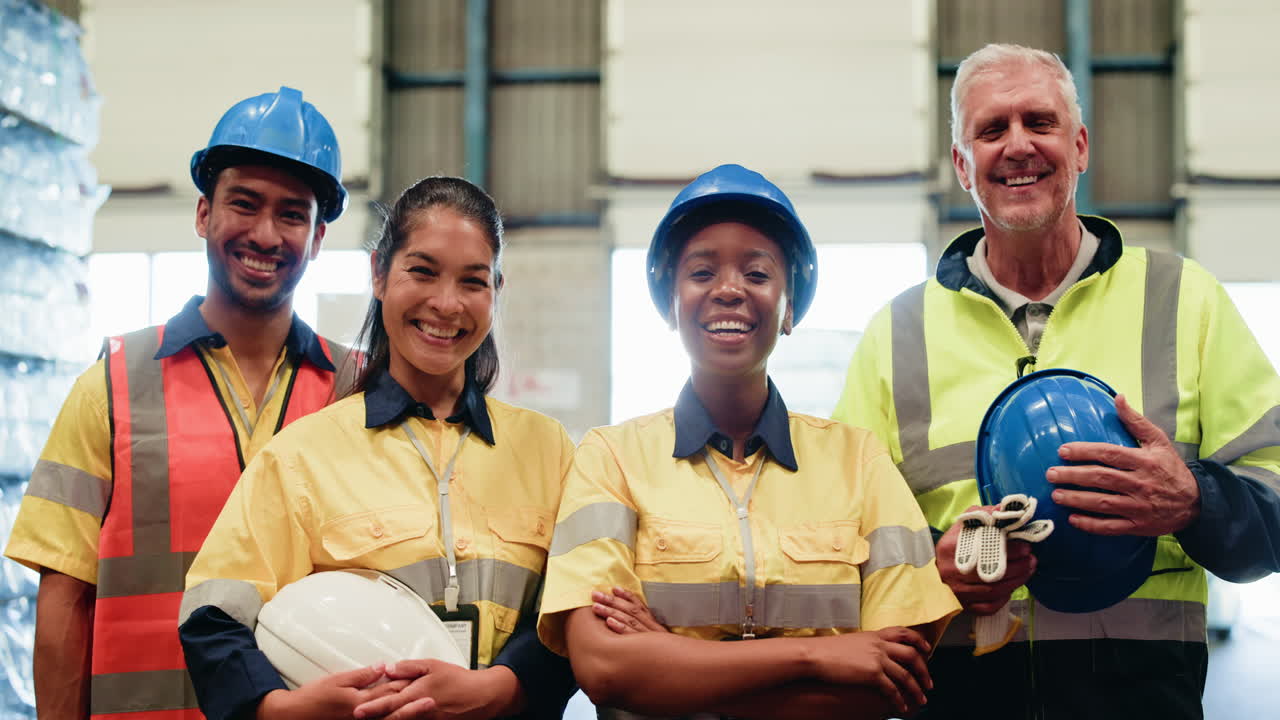 Diverse Group of Industrial Workers Smiling in a Warehouse