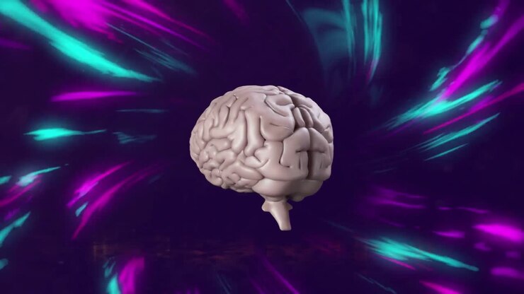 Animazione di cervello umano su scie luminose.