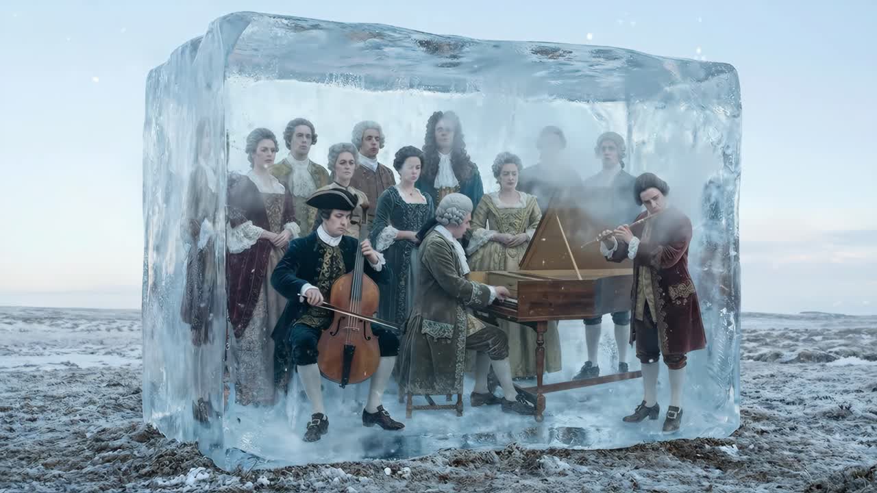 Musicisti storici congelati all'interno di un gigantesco cubo di ghiaccio in un paesaggio freddo