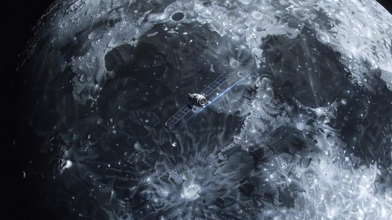 Crossing module firing trim burn for alignment and rotating over cratered Moon with extended arrays