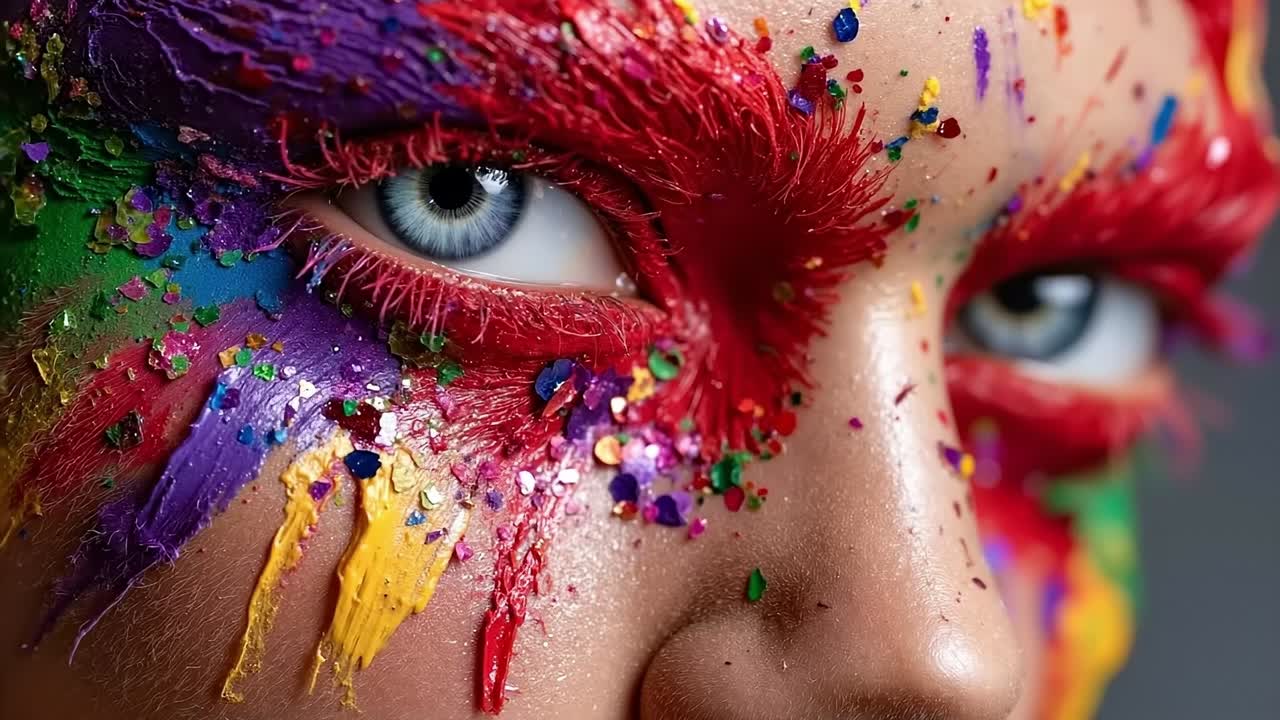 A close up of a woman's face covered in colorful paint
