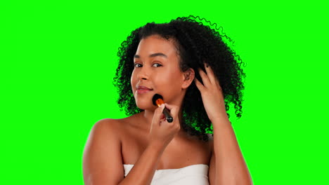 woman, makeup and brush with beauty on green