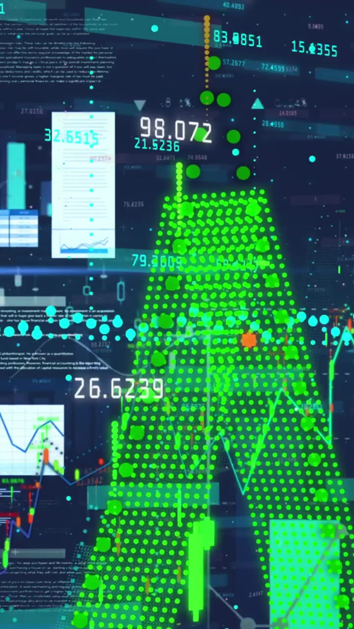 Animation of financial and statistical data processing against blue background