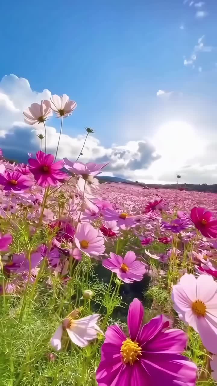 Campo vivace di fiori rosa sotto un cielo blu, ripreso da una bassa angolazione per un video, Live mobile
