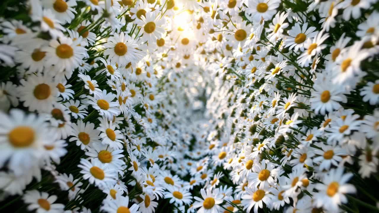 Flowing through a vibrant field of daisies, capturing the enchanting spiral of blossoms and sunlight in a mesmerizing motion sequence of nature's beauty