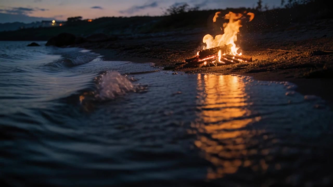 Fogueira de madeira flutuante acesa projetando um reflexo quente na areia, ondas chegando distorcendo a luz, espaço para texto