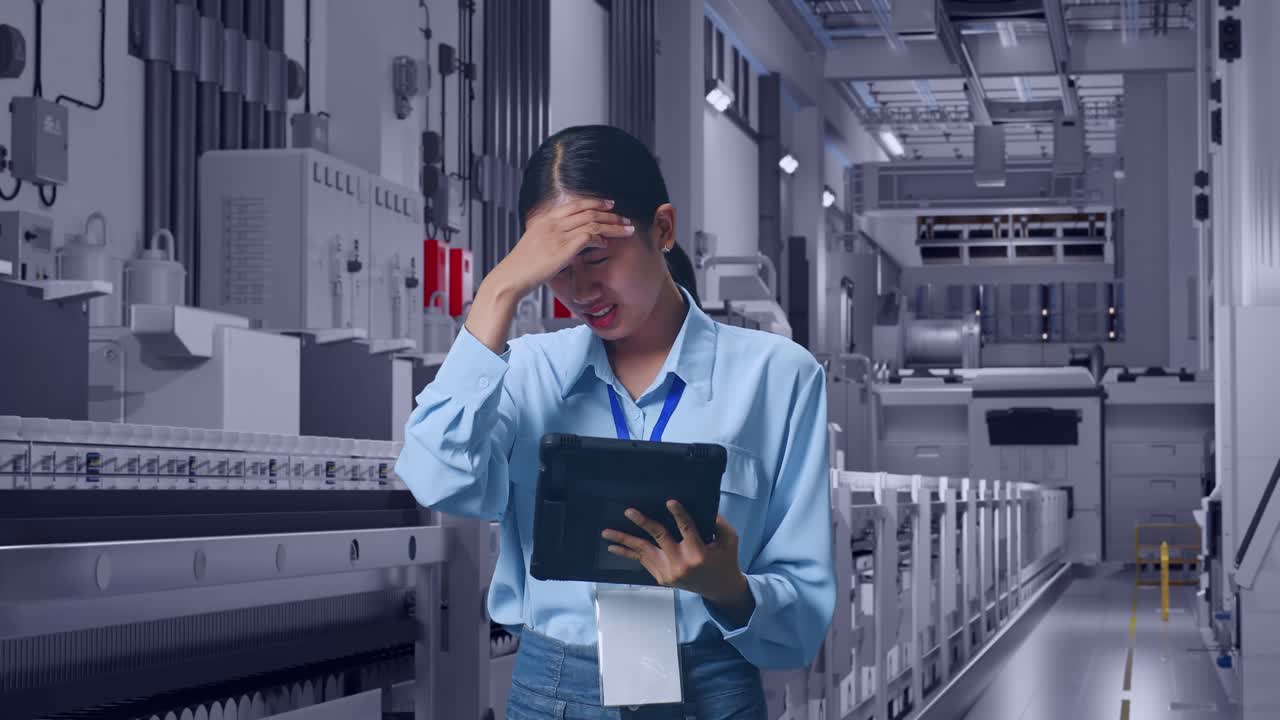Asian Female With Her Tablet At Pharmaceutical Factory, Vaccine Production Facility, She Is Nodding Her Shead With Dissapionted