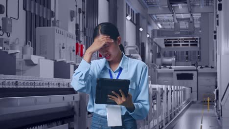 asian female with her tablet at pharmaceutical factory, vaccine production facility, she is nodding her shead with dissapionted
