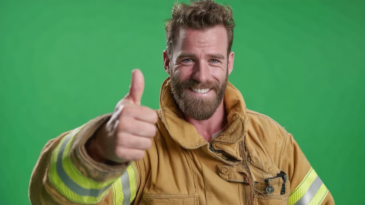 Heroic Firefighter Giving Thumbs Up in Front of Green Screen: A Symbol of Courage, Teamwork, and Dedication to Saving Lives and Protecting Communities