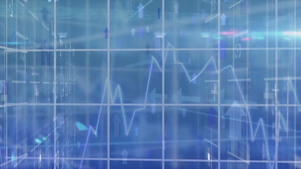 Animation of arrows and financial data processing over blue background
