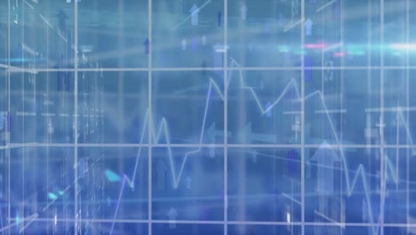 animación de flechas y procesamiento de datos financieros sobre fondo azul