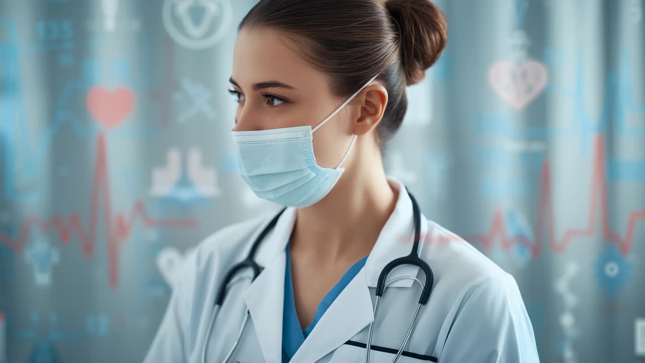 Receiving monitor alert, masked doctor reviewing patient chart at clinic room, with ECG graphics