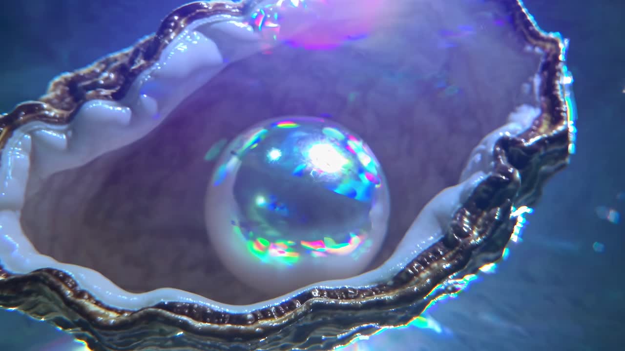 Video ravvicinato di una perla all'interno di un guscio di ostrica aperto, che cattura riflessi e texture iridescenti