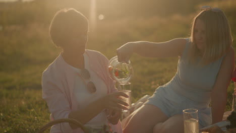 woman pouring infused water with herbs and fruit from glass pitcher into friend's glass during outdoor picnic on sunny day, with partial view of another person nearby