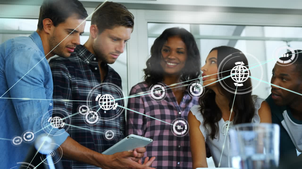Animation of network of digital icons over diverse colleagues discussing together at office
