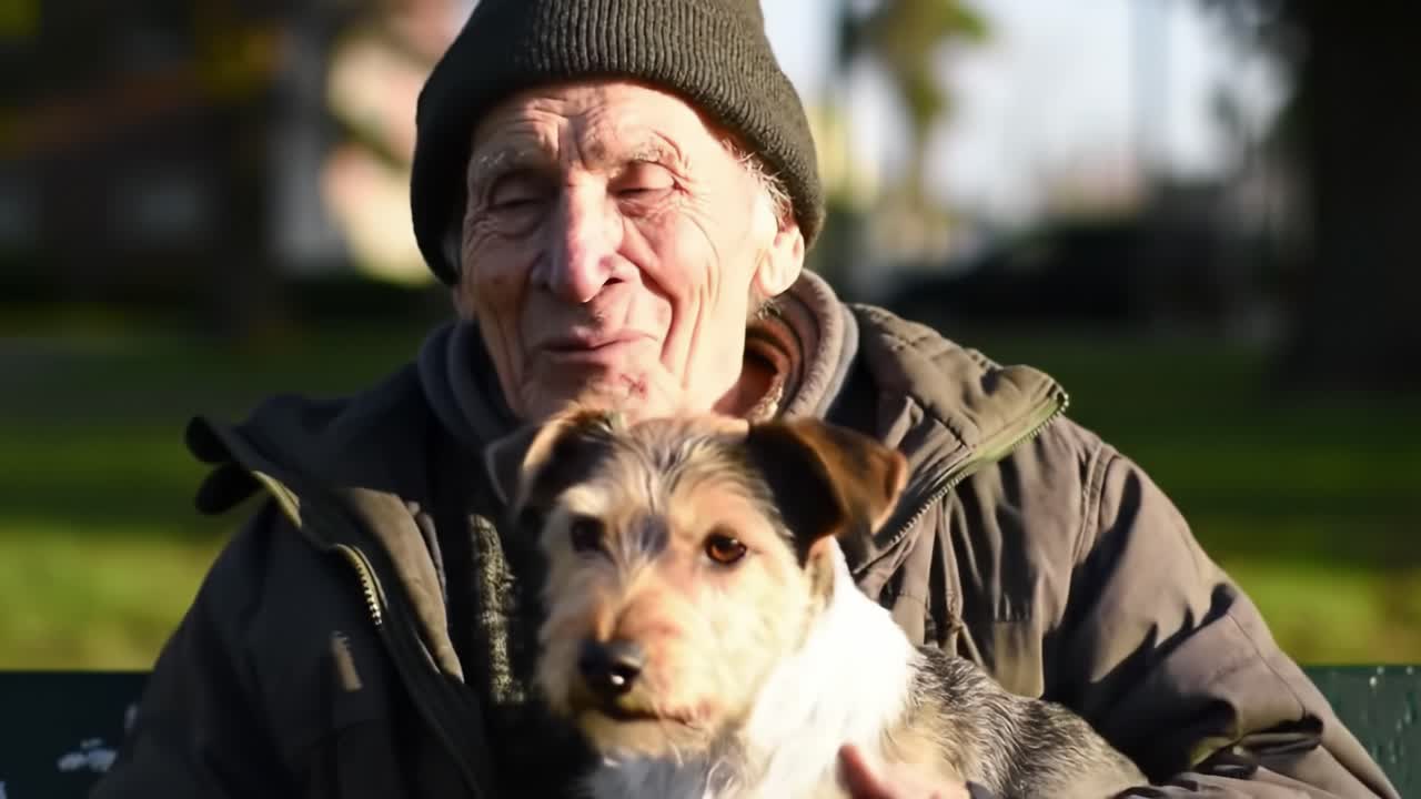 Cherished Moments: An Elderly Man Joyfully Enjoys His Time with a Faithful Dog in a Serene Park Setting, Capturing the Bond Between Humans and Pets.