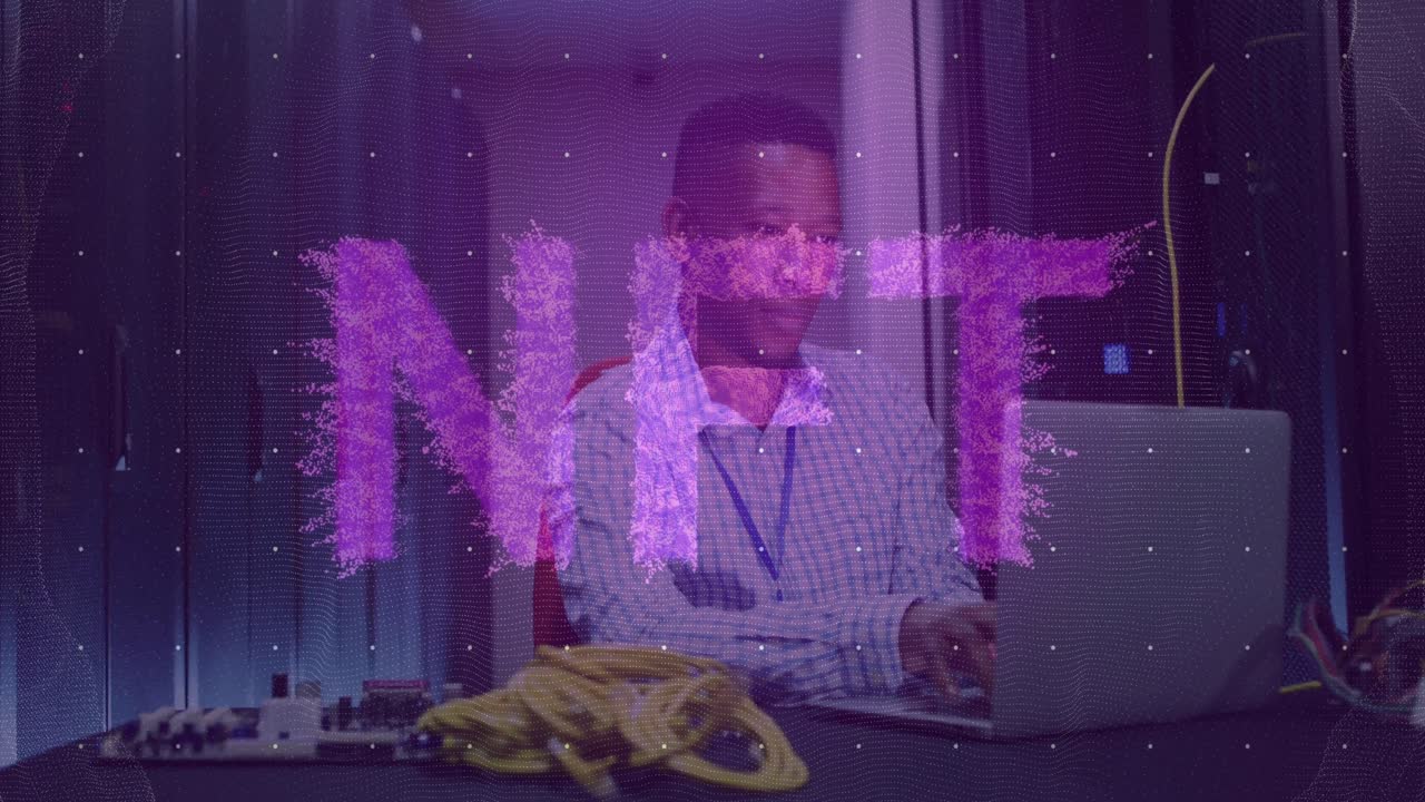 Animation of nft text and data processing over african american male it engineer by computer servers