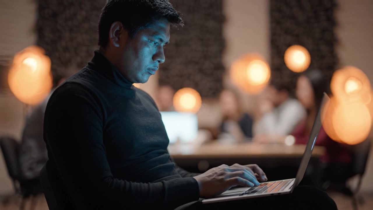 Focused Individual Working on Laptop in Cozy Workspace, Surrounded by Soft Lighting and Collaborators Engaged in Discussion and Creative Collaboration