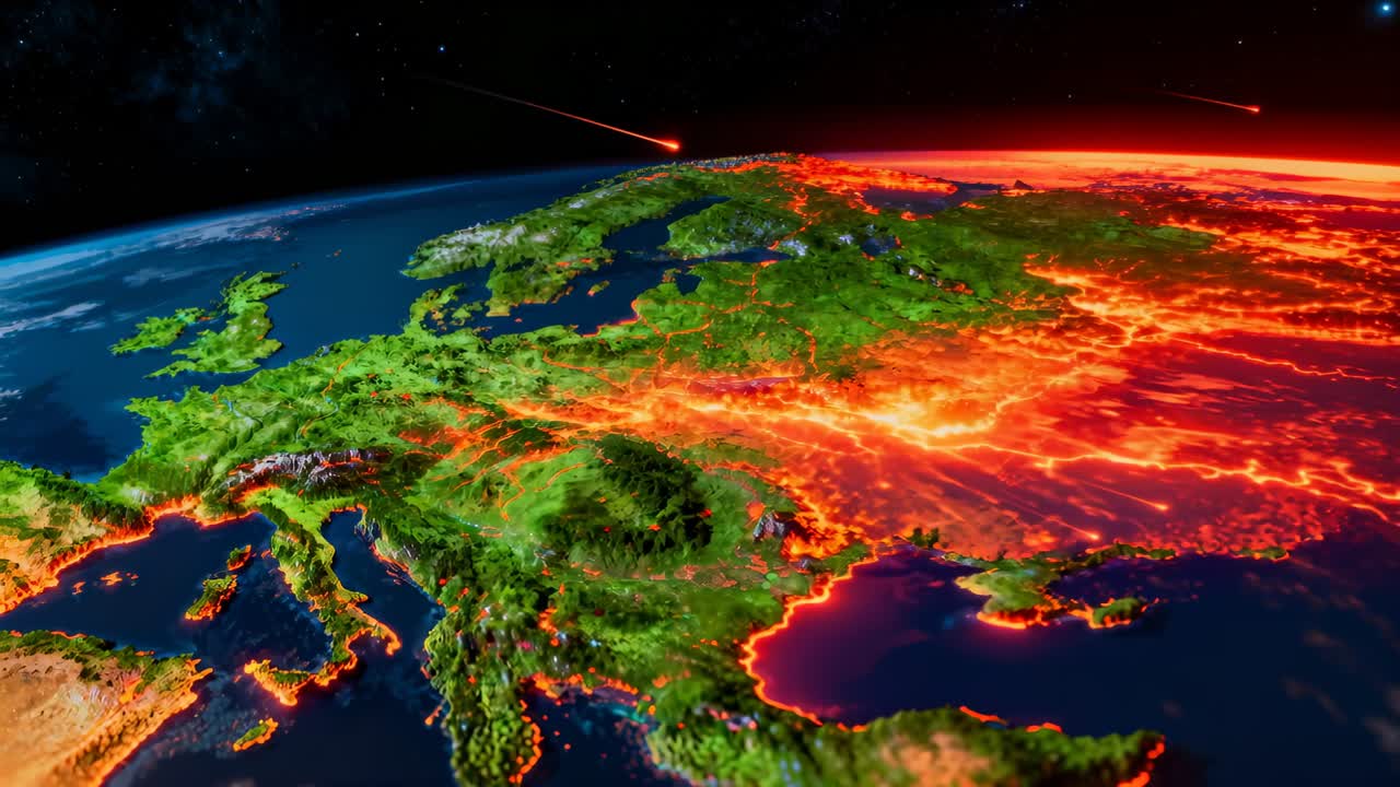 Rotující Země, orbitální kamera panorámuje, ukazující červenou záři šířící se Evropou s meteory pro technickou ukázku.