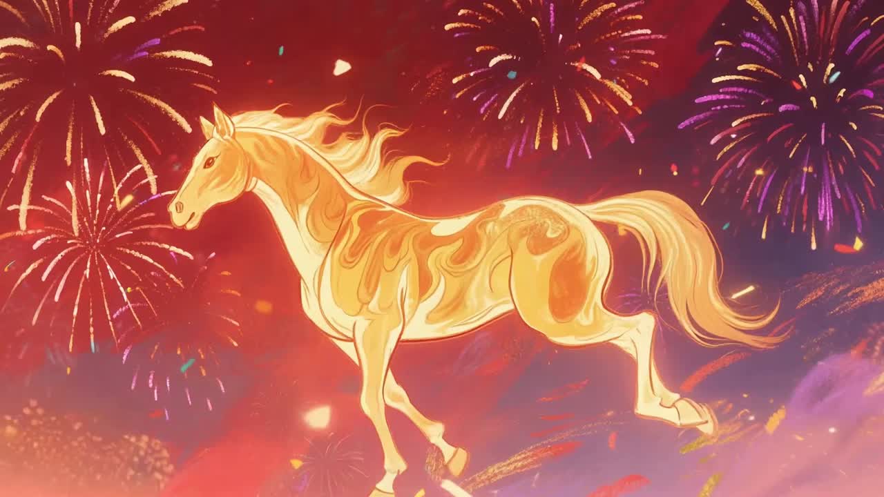 Golden fire horse galloping among fireworks for the Year of the Horse
