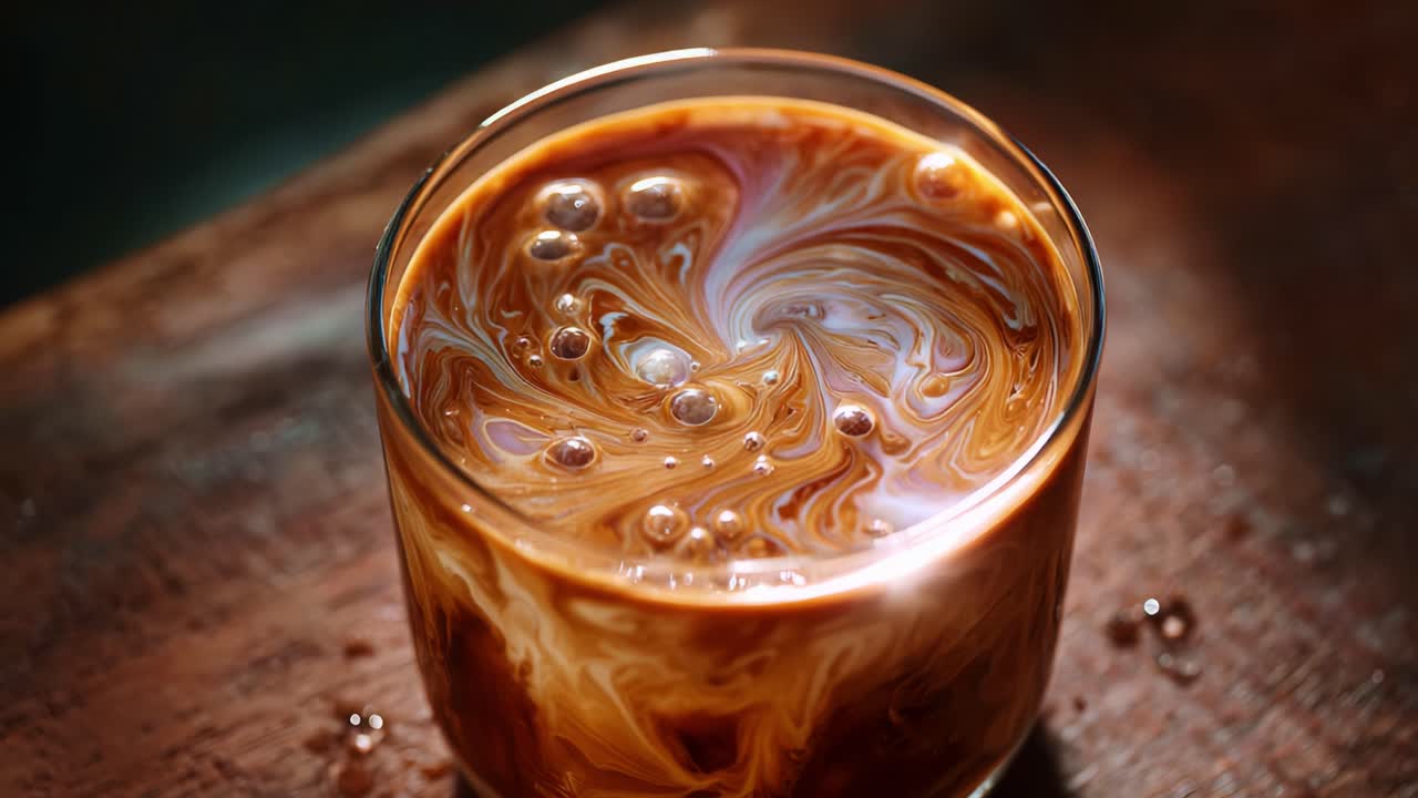 Creazione accattivante di una miscela vorticosa di caffè e latte che mostra l'arte della miscelazione di bevande in un bicchiere con splendidi turbinii e colori intensi