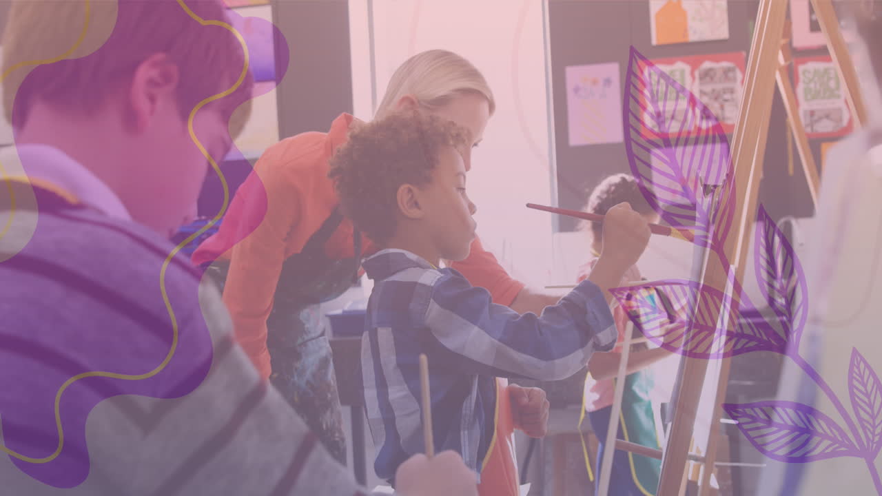 다양한 학교 아이들의 그림 위에 모양의 애니메이션