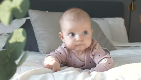 close-up of a little caucasian baby girl lying supine moving on the bed