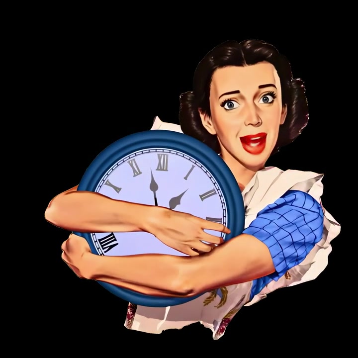 Vintage Style Illustration of Woman Hugging a Large Clock