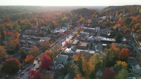 Aerial-view-of-Granville,-Ohio-Broadway-with-autumn-tree-colors