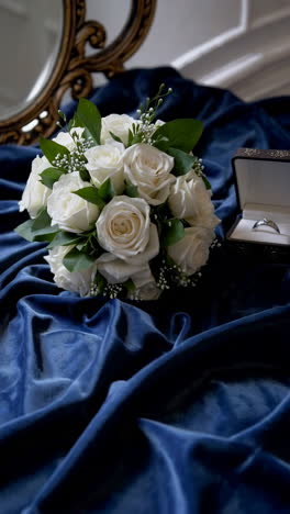 beautiful white rose bouquet on blue velvet