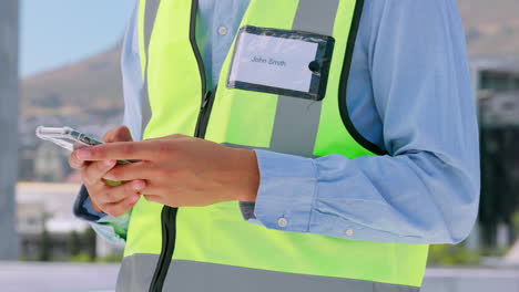 phone, engineering or hands typing on construction