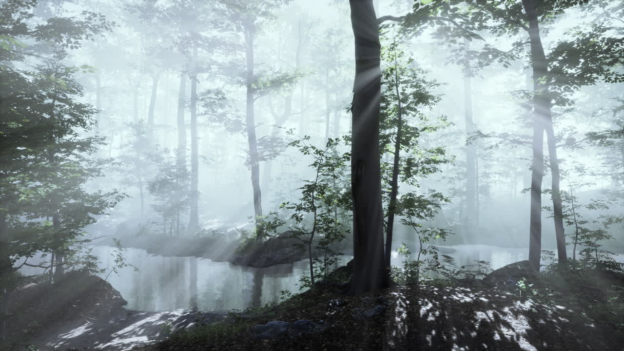 떠오르는 태양은 안개가 많은 여름 아침에 낙 ⁇  숲에 떨어집니다.