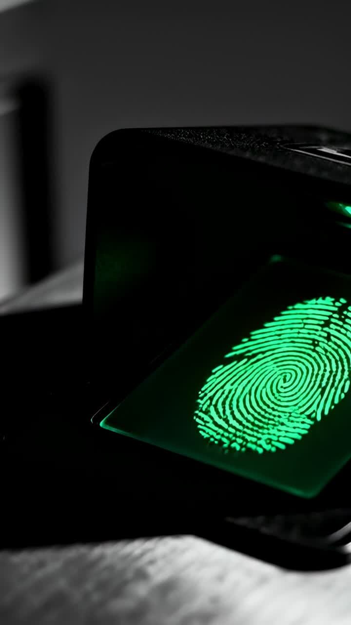 Vertical video: Starting scan, scanner showing green fingerprint on platen at desk enabling access