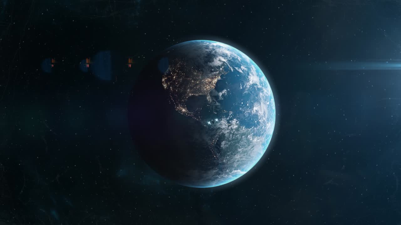 Science Fiction Spaceship Approaching Planet Earth at Night