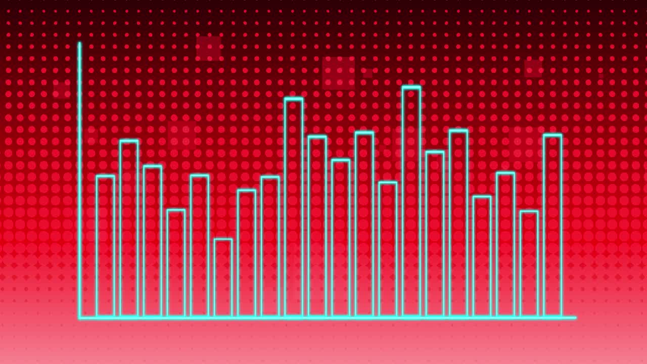 Blue bar chart animates upward on vibrant red gradient background with digital grid overlay