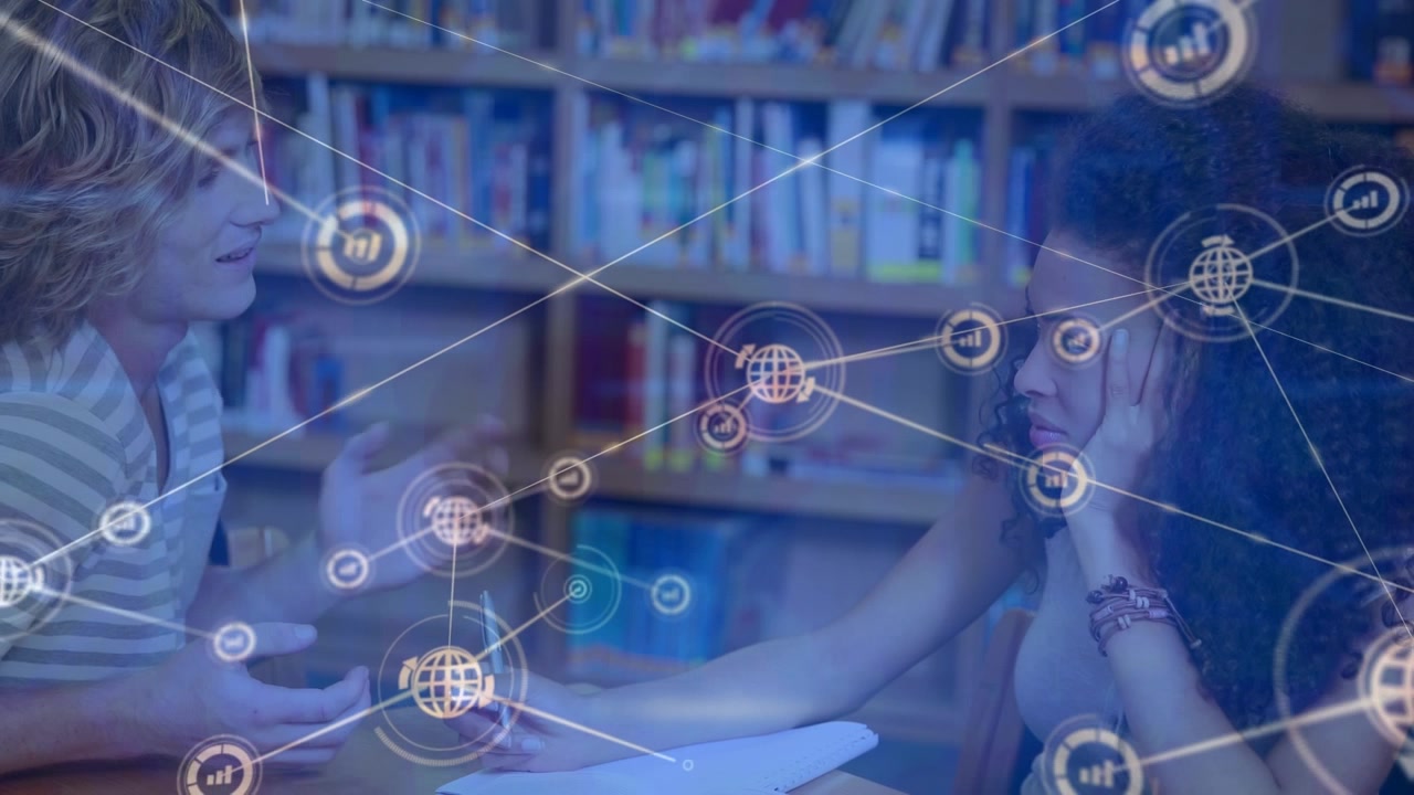 Animation of network of digital icons over diverse boy and girl talking in the library at college
