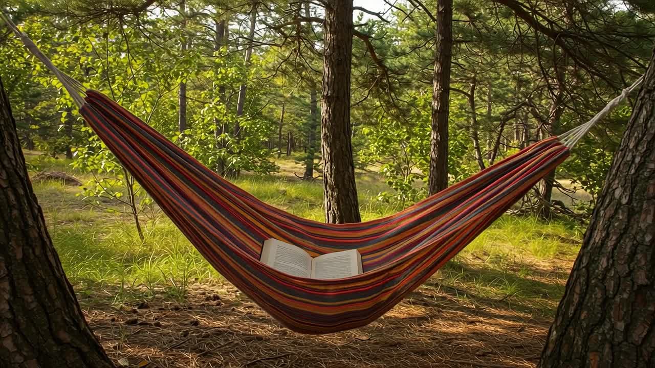 A Relaxing Reading Spot: A Colorful Hammock Nestled Among Trees in a Serene Forest, Inviting You to Enjoy Nature and Dive into a Good Book