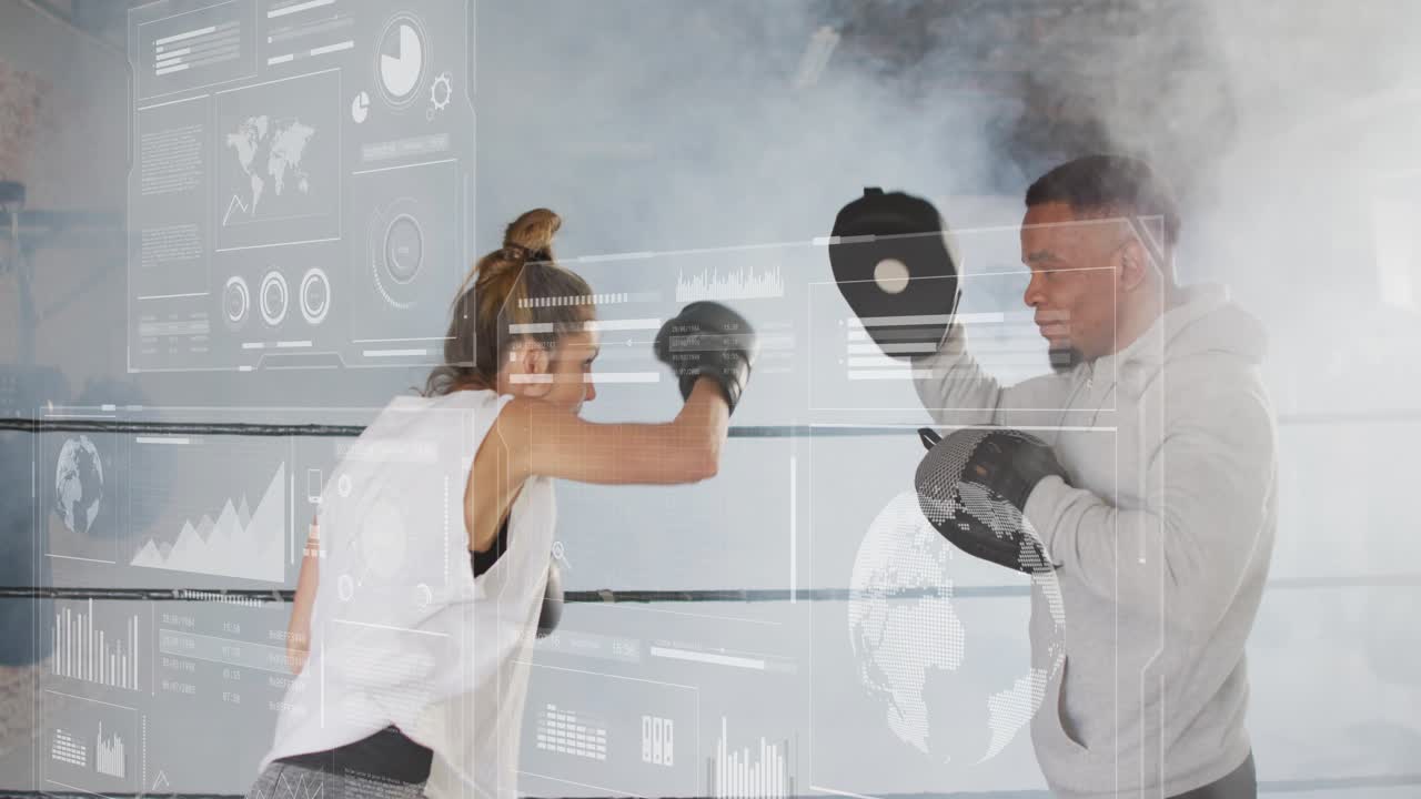 Female boxer stepping forward, throwing jabs into trainer mitts, HUD tracking fitness data in ring