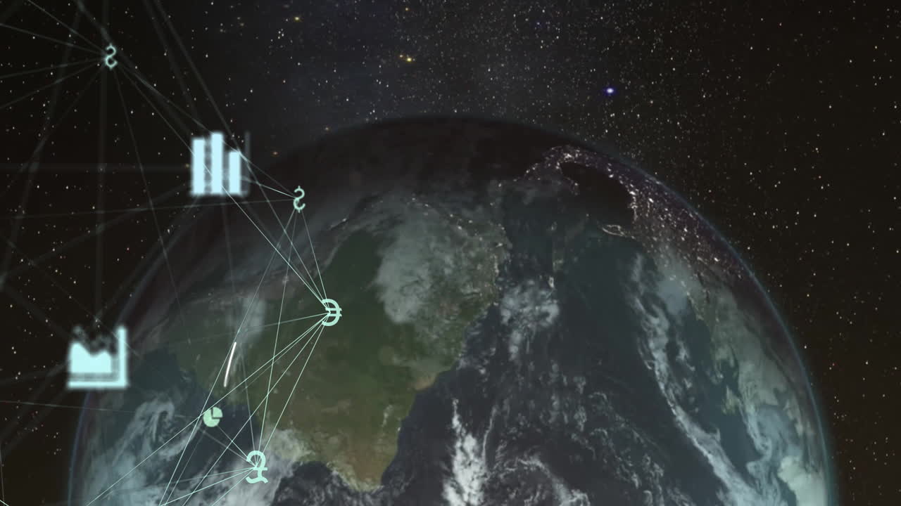 Earth from space with data graphs and network connections animation overlay