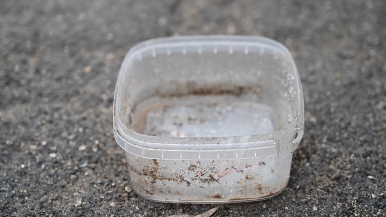 Empty and dirty plastic tray for animal food. Poverty idea