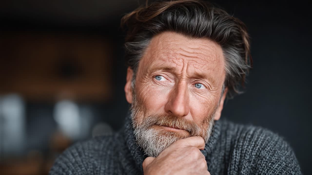 Espressione contemplativa: un uomo di mezza età riflette pensieroso, mostrando emozione e profondità mentre è impegnato nell'introspezione e nella riflessione personale.